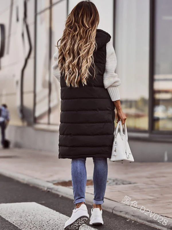 Zipper Plain Elegant Cotton Coat Solid Color Hooded Single-breasted Mid-length Cotton Vest Slim Fit Temperament Cardigan Jacket Top