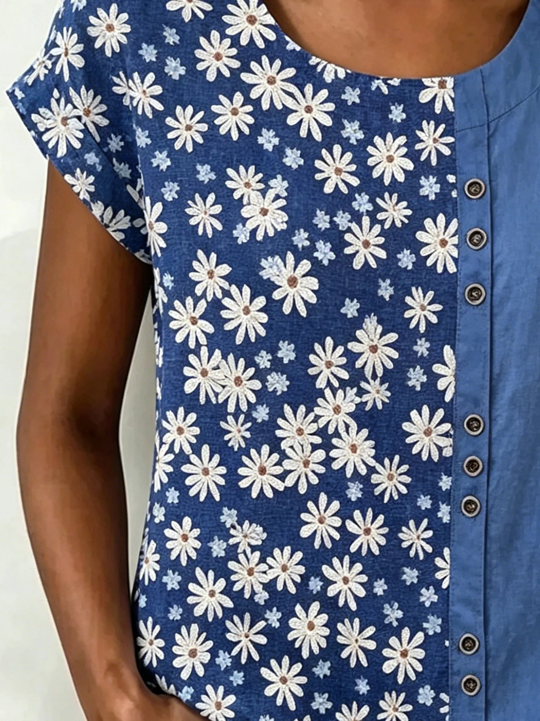 Daisy Floral Casual Linen Blend Crew Neck Loose Casual Top
