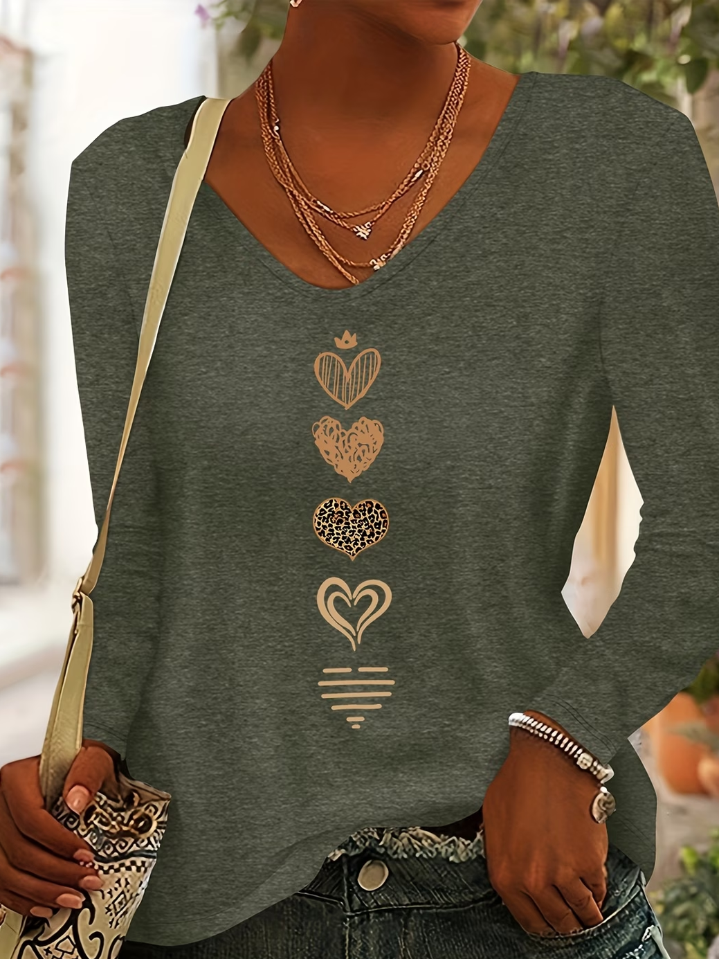 Women's Long Sleeve T-shirt Spring/Fall Army Green Heart/Cordate Printing Jersey V Neck Daily Going Out Casual Top
