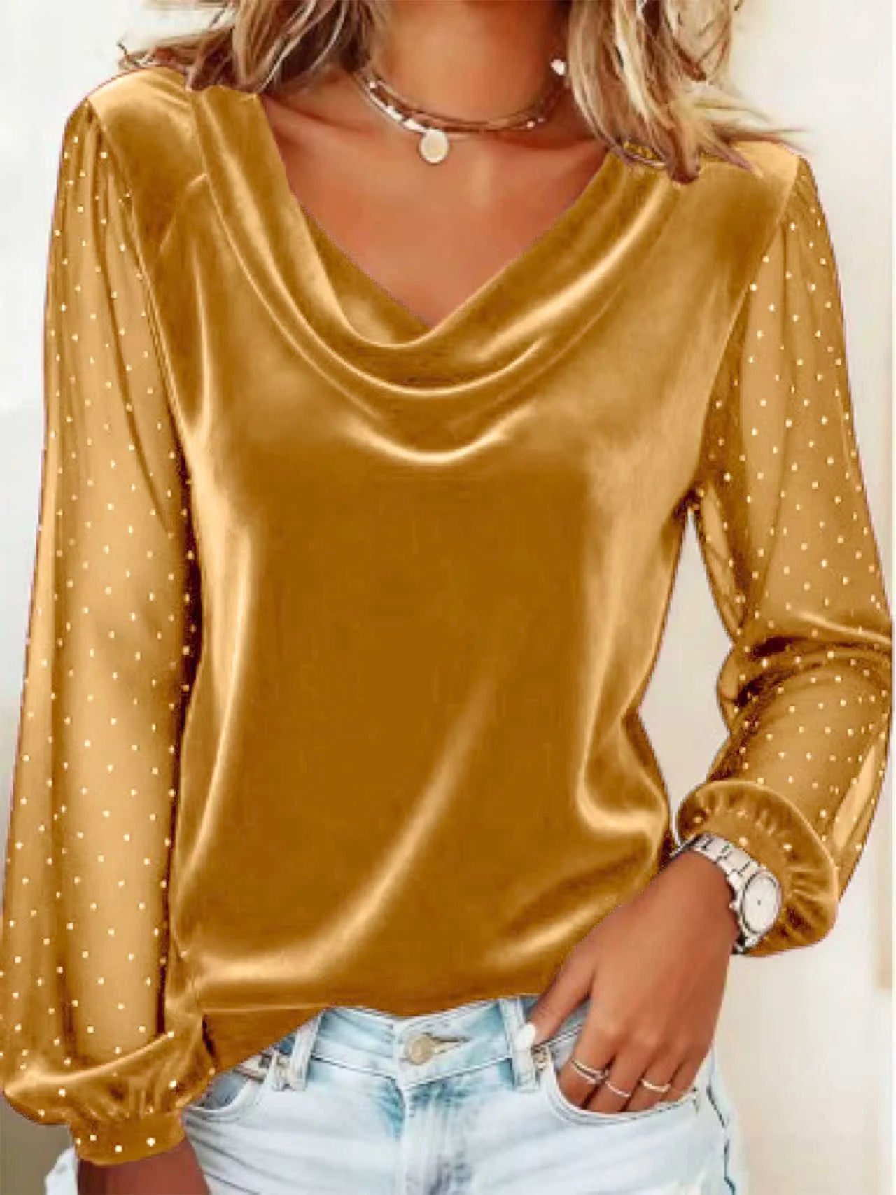 Women's Long Sleeve T-shirt Spring/Fall Golden Plain Printing V Neck Puff Sleeve Daily Going Out Casual Top
