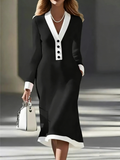Women's Black Long Sleeve White Trim V Neck Midi Dress Elegant Bodycon Dress