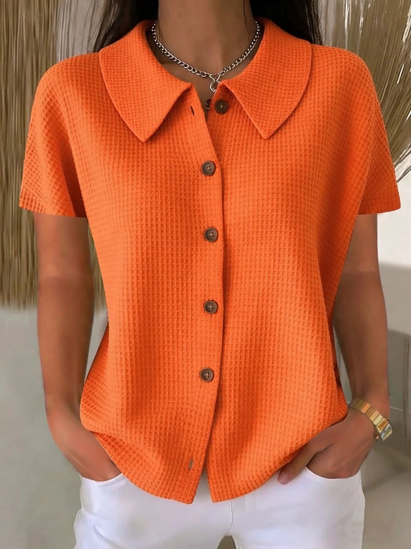 Waffle Casual Shawl Collar Short Sleeve Casual Shirt