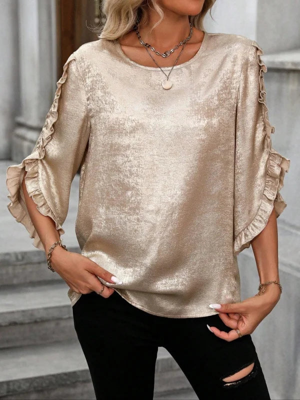 Women's Three Quarter Sleeve Shirt Spring/Fall Champagne Plain Split Joint Crew Neck Ruffle Sleeve Daily Going Out Casual Top