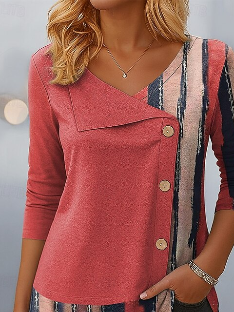Women's Long Sleeve T-shirt Spring/Fall Deep Pink Striped Printing V Neck Daily Going Out Casual Top