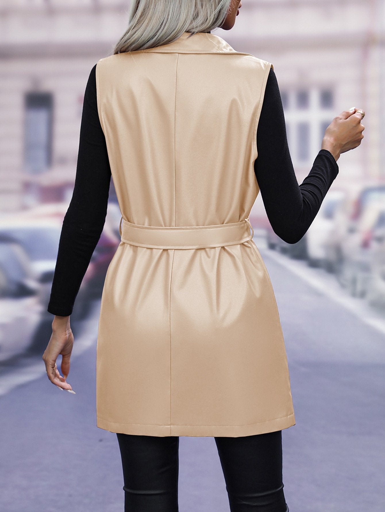 Loose Plain Street Pu Vest With Belt