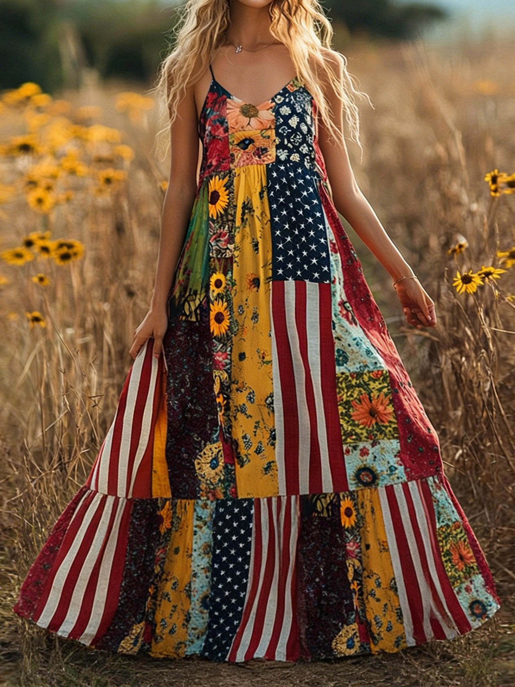 Women Floral Summer Dress America Flag Linen Look V Neck Sleeveless A-Line Dress