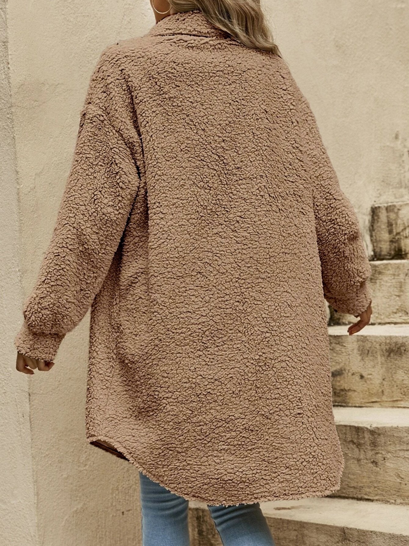 Fluff/Granular Fleece Fabric Plain Shawl Collar Elegant Coat