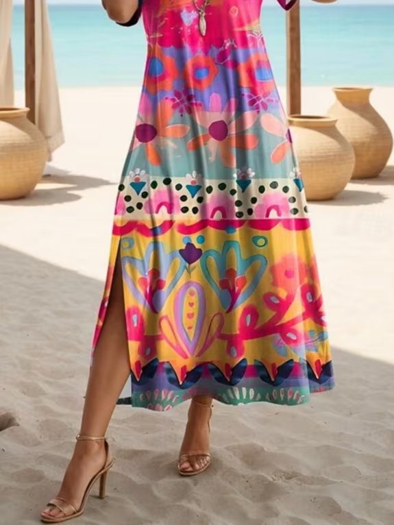 Women's Short Sleeve Summer Pink Floral Printing V Neck Daily Going Out Casual Maxi X-Line Dress