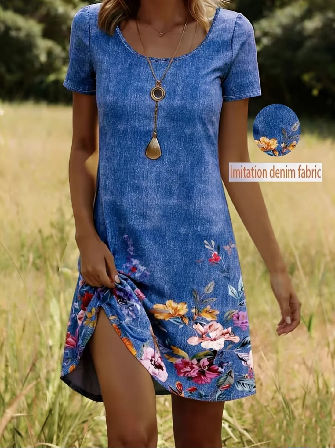 Faux Denim Print Graphic Jersey Casual Crew Neck Dress With No
