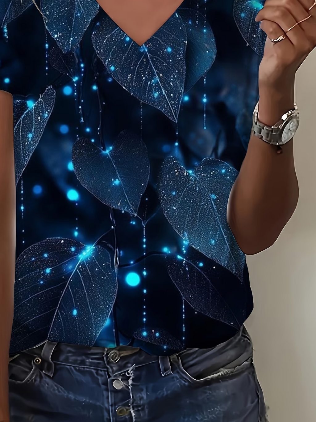 Women's Short Sleeve T-shirt Summer Purplish Blue Abstract Printing V Neck Holiday Going Out Vintage Top