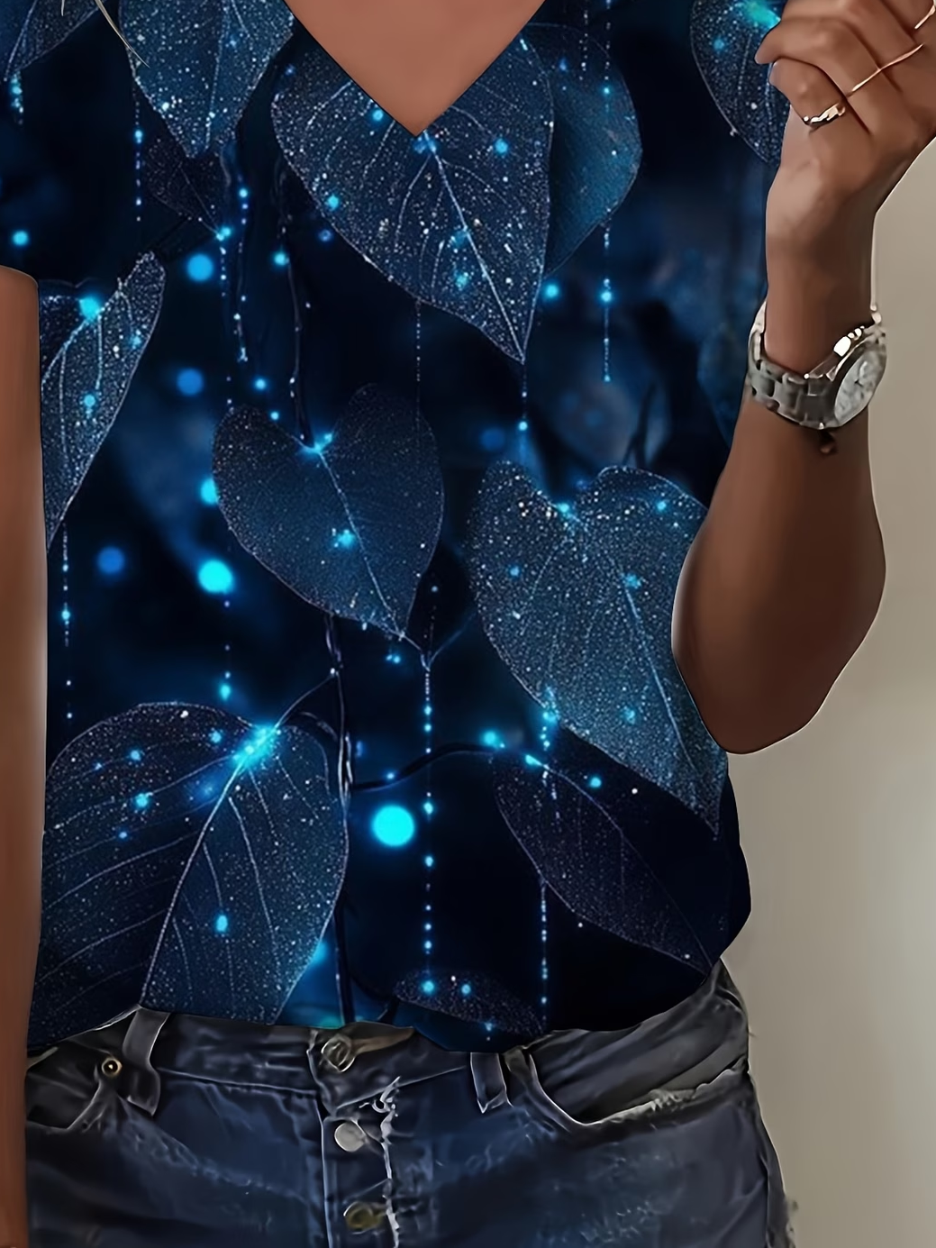 Women's Short Sleeve T-shirt Summer Purplish Blue Abstract Printing V Neck Holiday Going Out Vintage Top