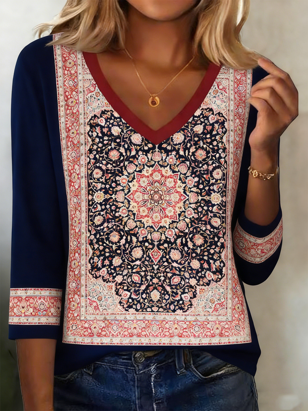 Cotton-Blend V Neck Casual T-Shirt