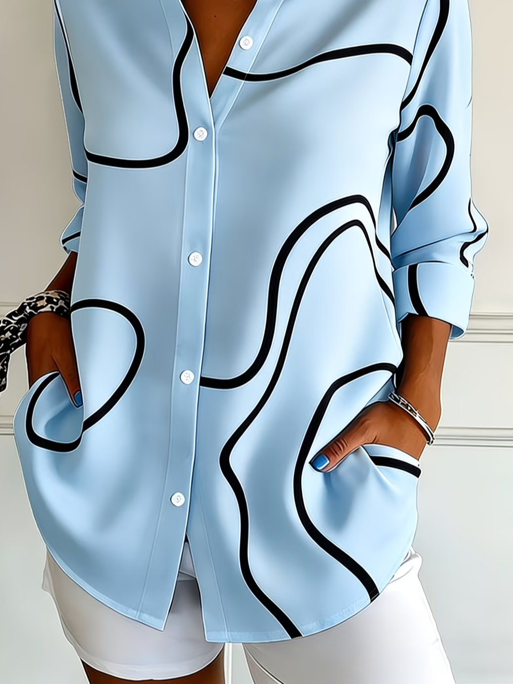 Women's Long Sleeve Shirt Spring/Fall Blue Abstract Buckle Shirt Collar Regular Sleeve Daily Going Out Casual Top