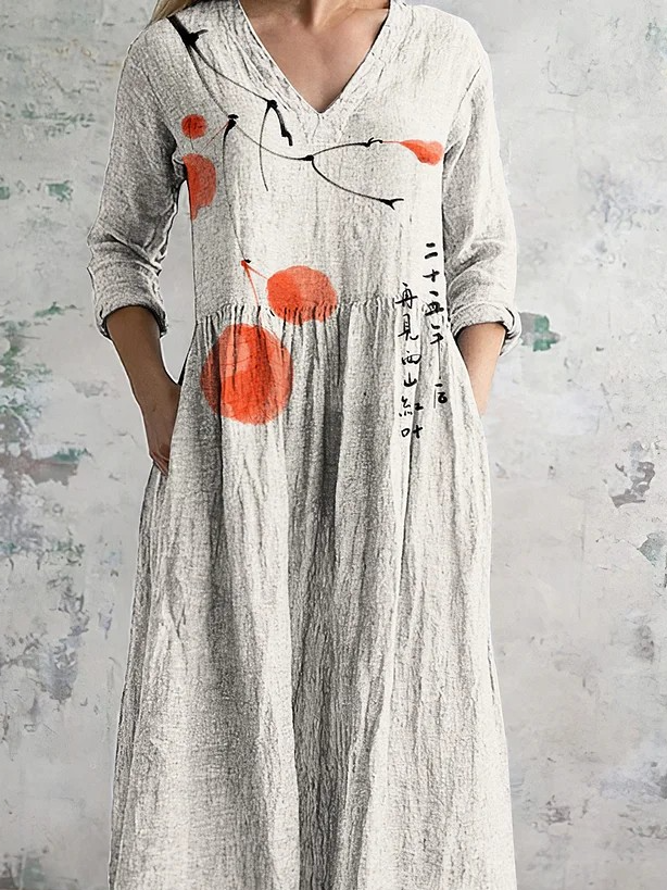 Vintage Floral Art Printed Casual Midi Dress