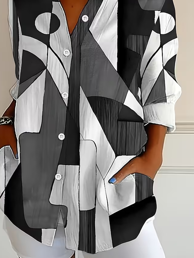 Women's Long Sleeve Shirt Spring/Fall Gray Abstract Buckle Shirt Collar Regular Sleeve Daily Going Out Casual Top