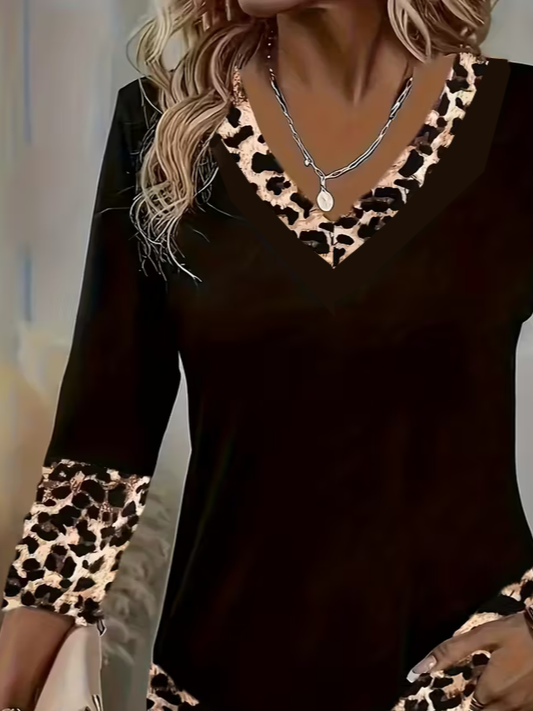 Women's Long Sleeve T-shirt Spring/Fall Black Leopard Printing Jersey V Neck Daily Going Out Casual Top