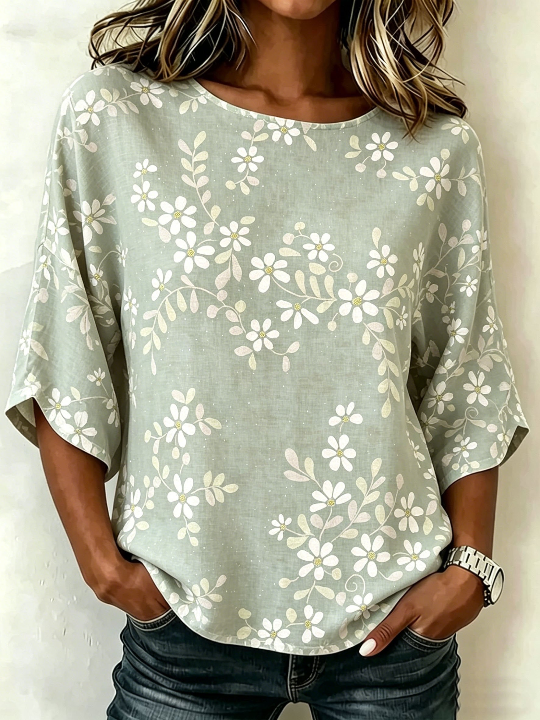 Cotton And Linen Floral Printed Vintage Loose Casual Top