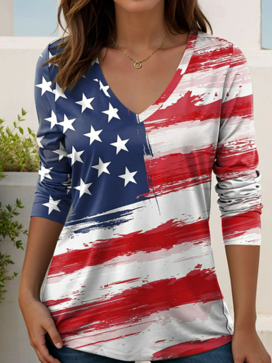 Women's Long Sleeve T-shirt Spring/Fall As Picture America Flag Printing V Neck Holiday Going Out Casual Top
