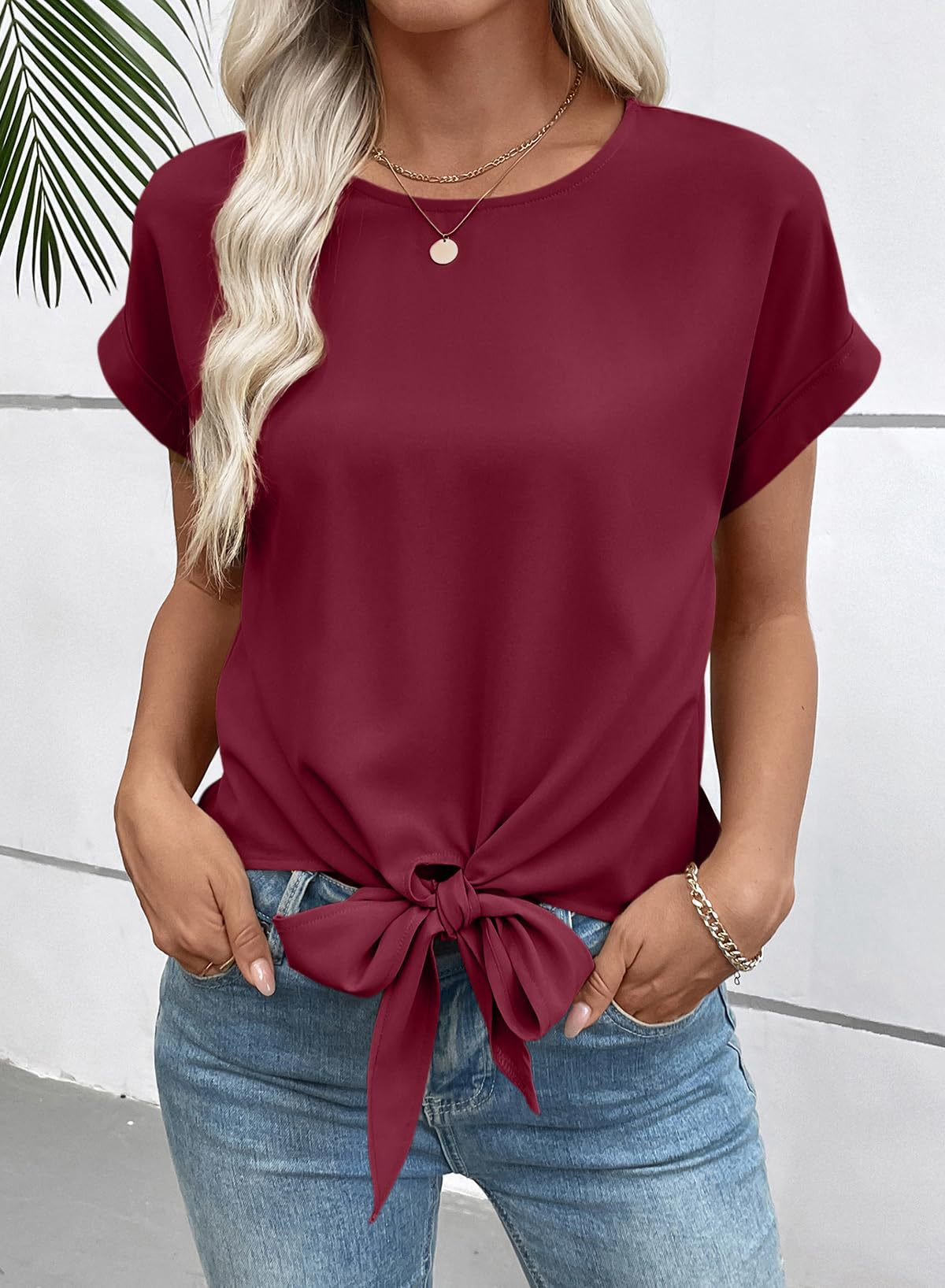 Elegant Plain Short Sleeve Crew Neck Bow Tie Bottom Going Out Casual Top