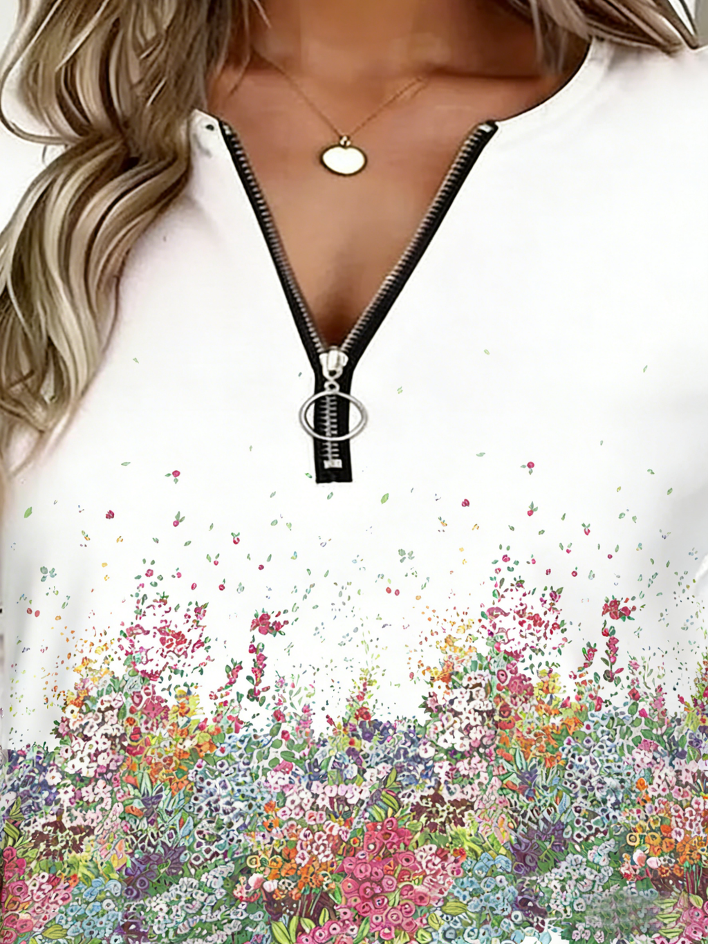 Casual Floral Pattern Zipper T-Shirt