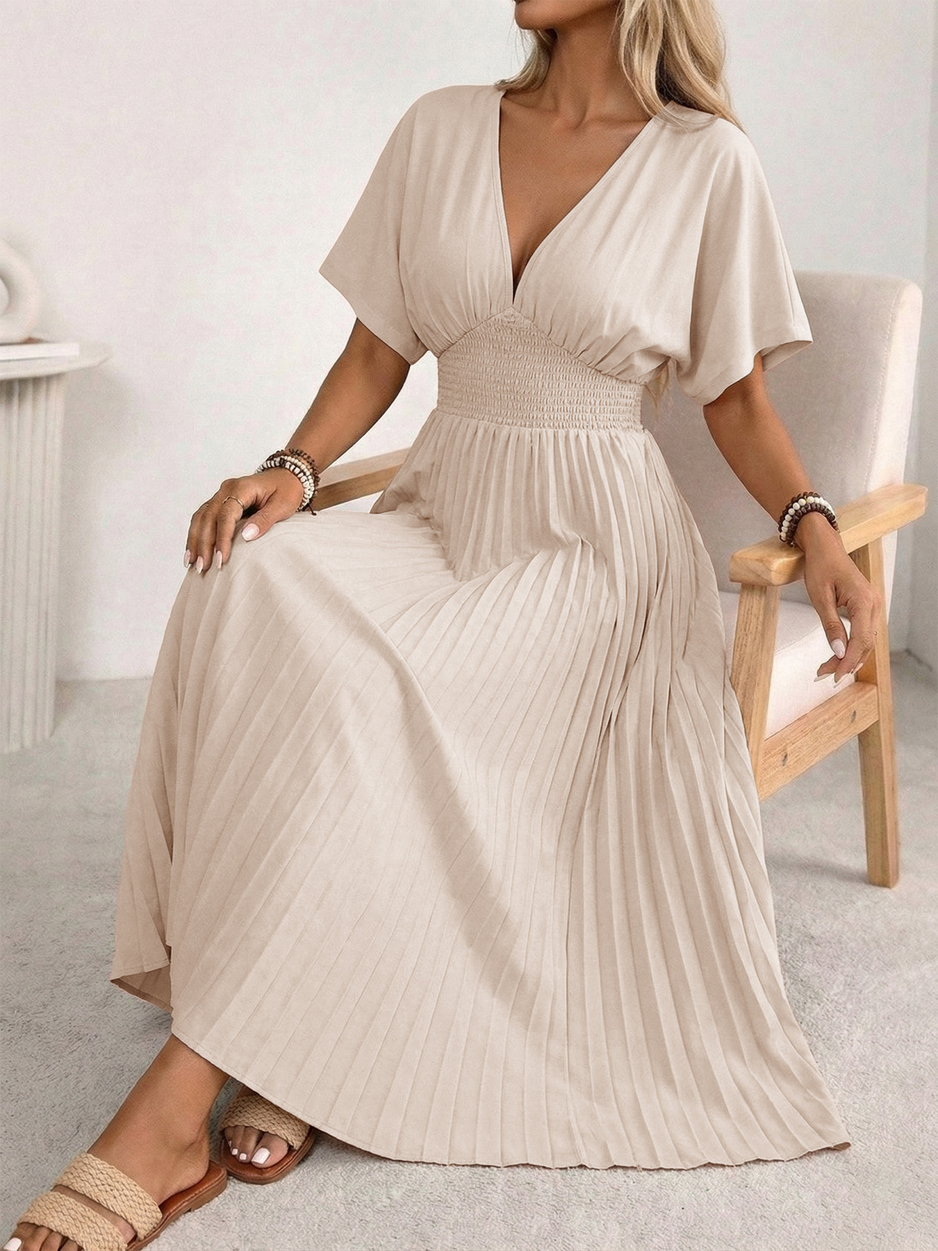 Plain Batwing Short Sleeve V Neck Pleated A-Shape Skirt Elegant Maxi Dress