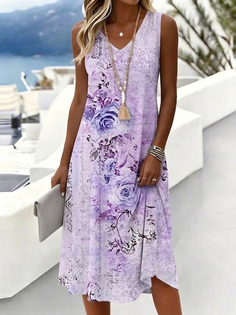 Loose Casual Floral V Neck Dress With No