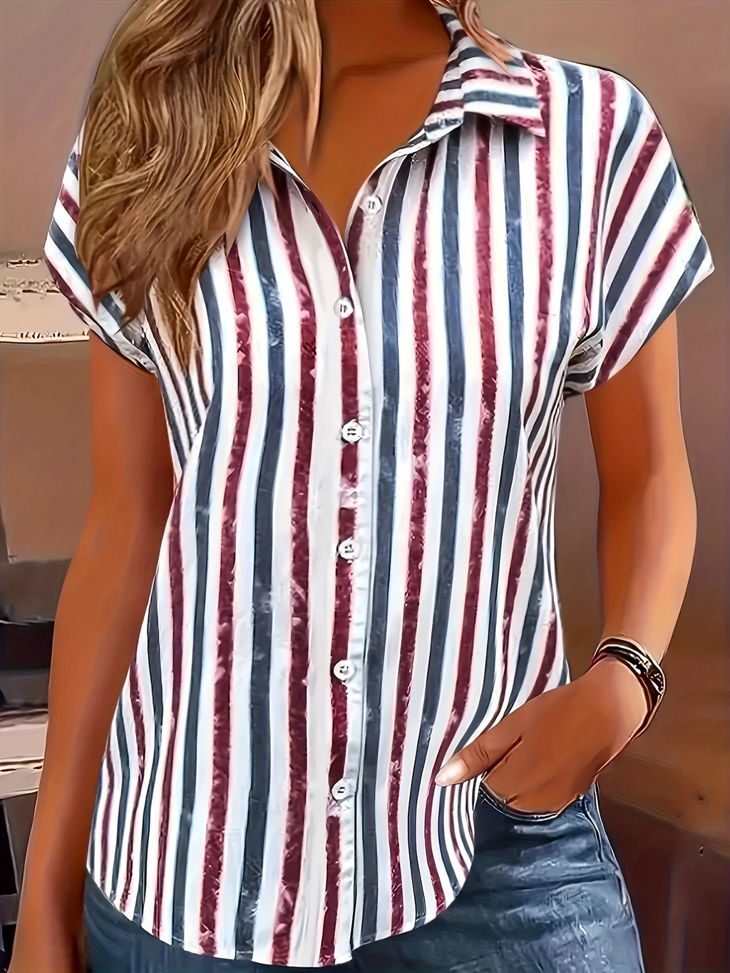 Women's Short Sleeve Shirt Summer As Picture Striped Printing Shirt Collar Daily Going Out Casual Top