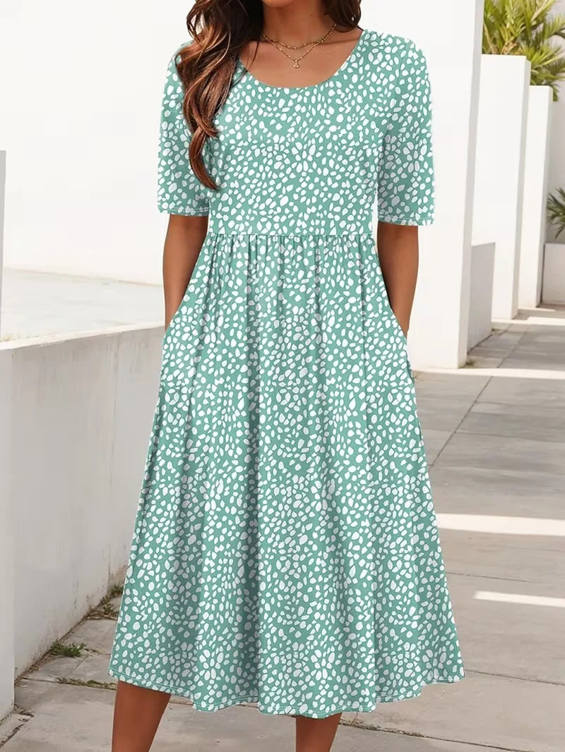 Women's Short Sleeve Summer Green Abstract Polka Dots Printing Crew Neck Daily Going Out Casual Maxi H-Line Shift Dress Dress