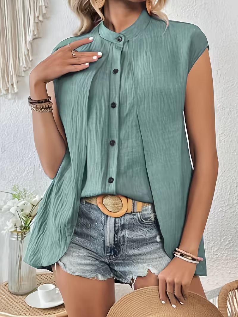 Plain Elegant Fake 2in 1 Stand Collar Short Sleeve Button Casual Shirt
