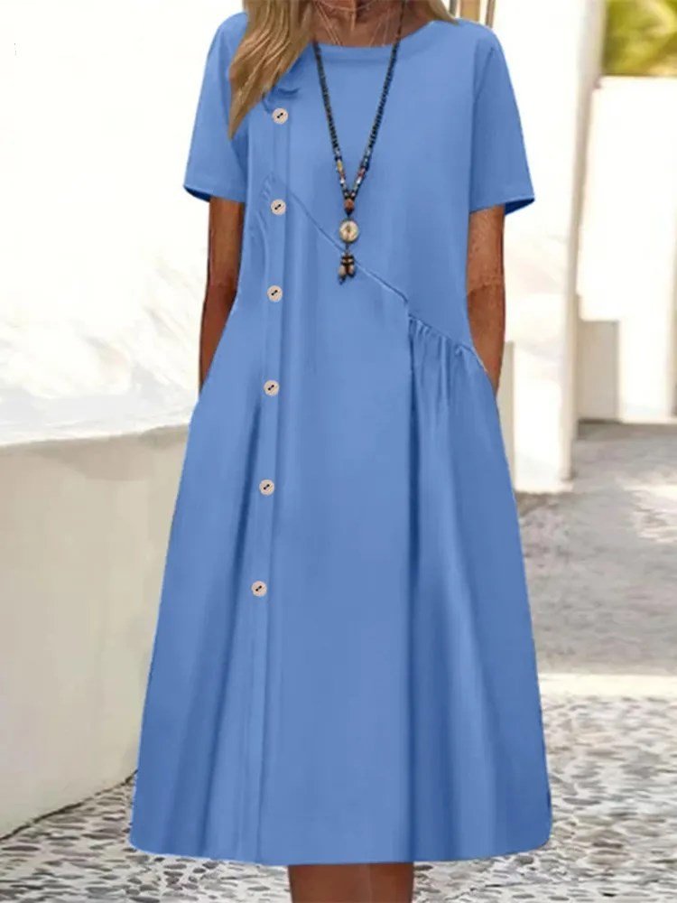 Plain Casual Cotton And Linen Dress With No