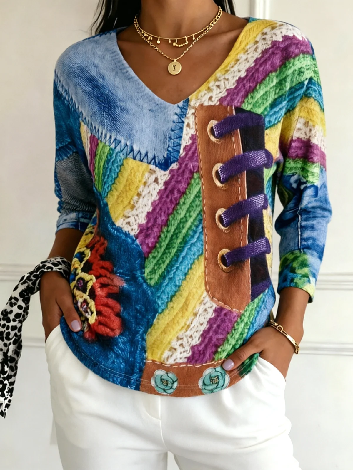 Women's V-Neck 3/4-Sleeve Vintage Print T-Shirt