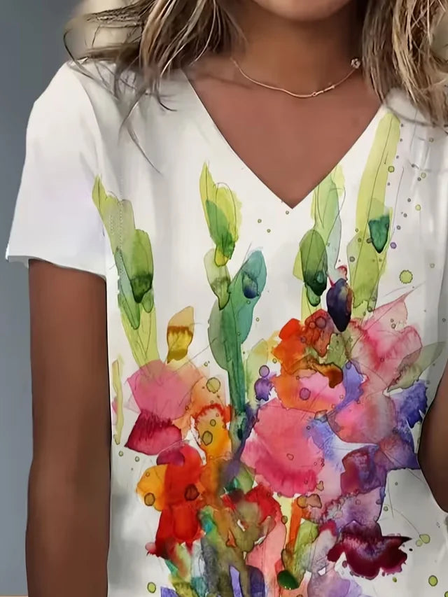Women's Short Sleeve T-shirt Summer White Abstract Printing V Neck Holiday Going Out Vintage Top