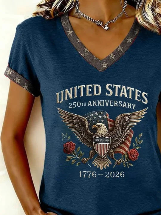 Women's Short Sleeve T-shirt Summer Purplish Blue America Flag Printing V Neck Holiday Going Out Vintage Top