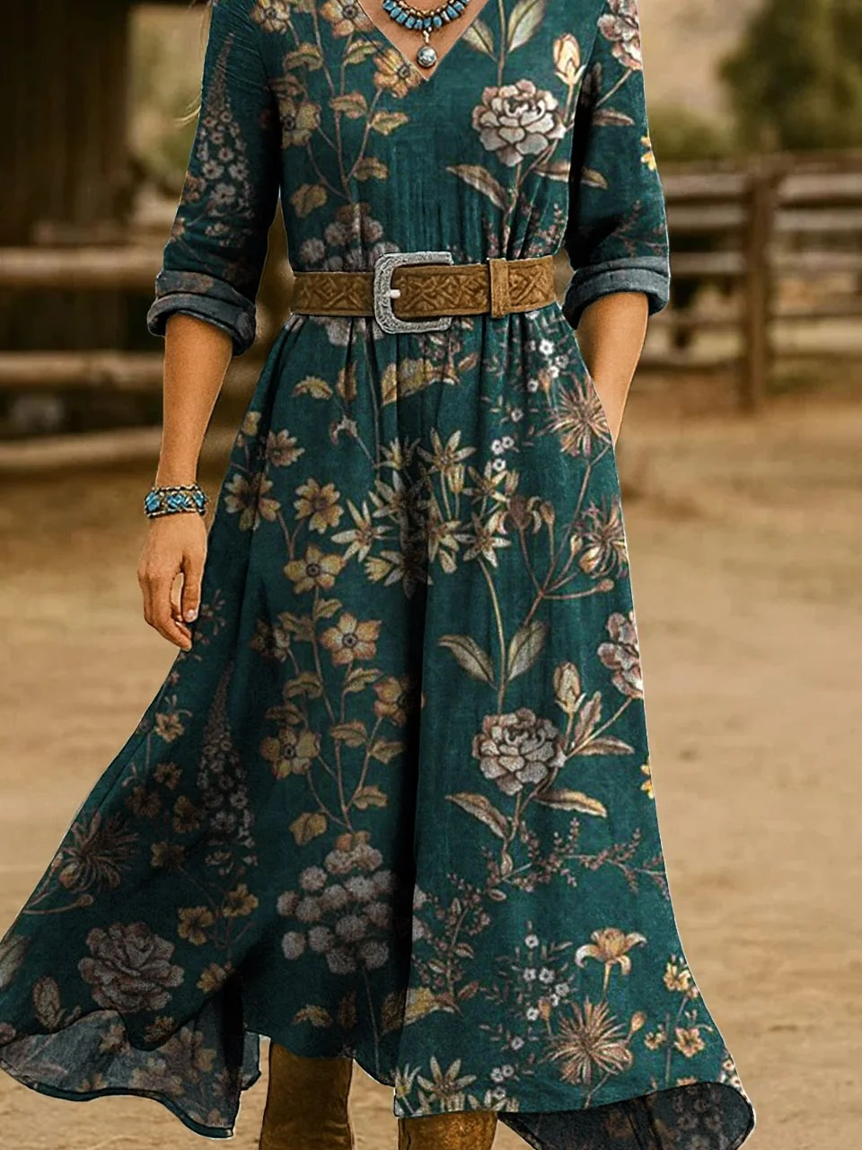 Loose Floral V Neck Vintage Dress With No