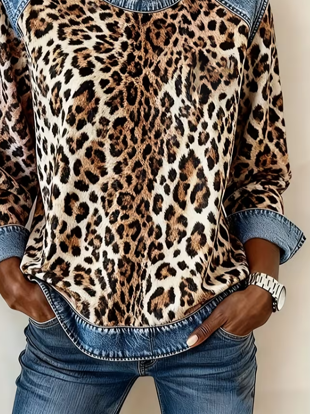 Women's Leopard Print Print Patchwork Denim Crewneck Long-Sleeved Sweatshirt