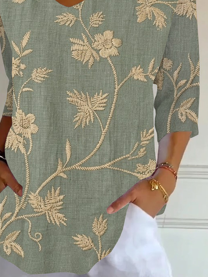Women's Three Quarter Sleeve T-shirt Spring/Fall Green Floral Printing V Neck Daily Going Out Casual Top