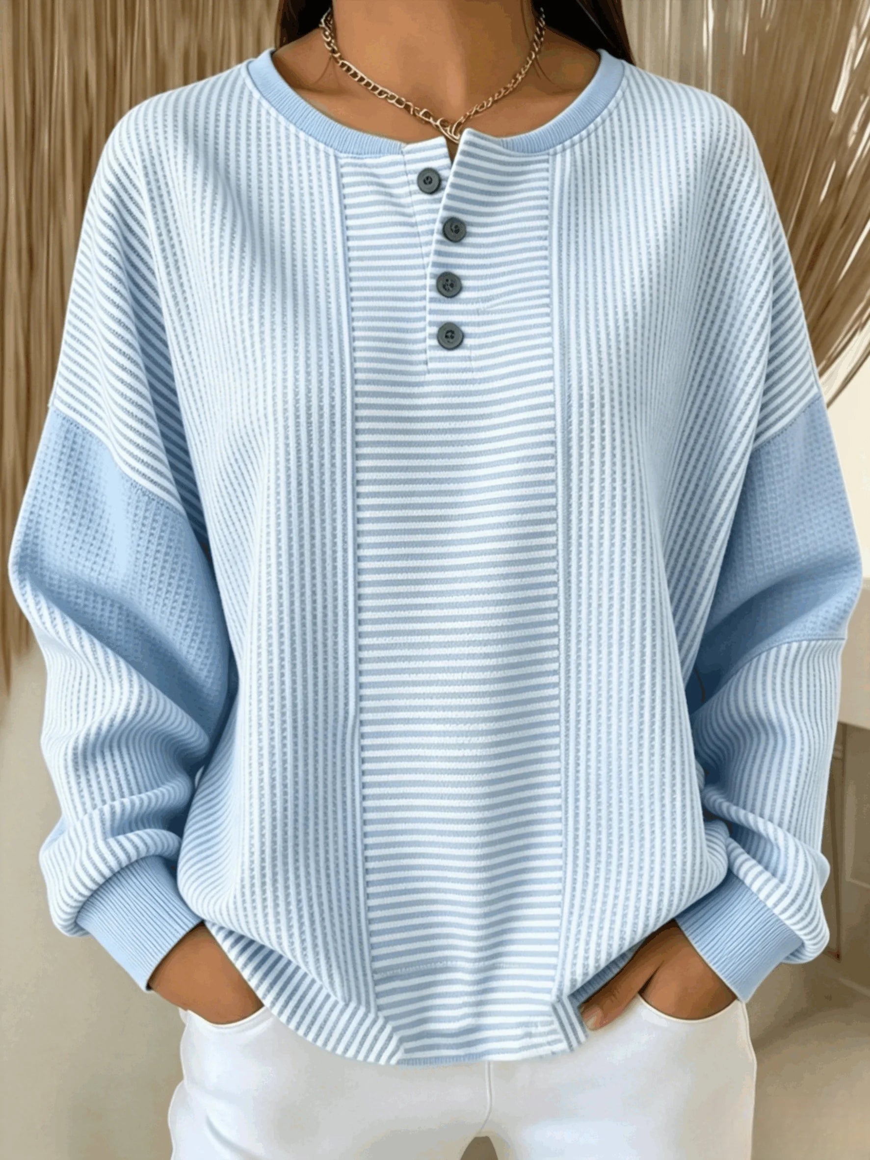 Women's Striped Knit Henley Neck Long Sleeve Casual Sweatshirt