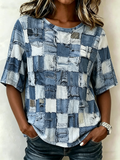 Faux Denim Print Graphic Crew Neck Casual Cotton-Blend T-Shirt