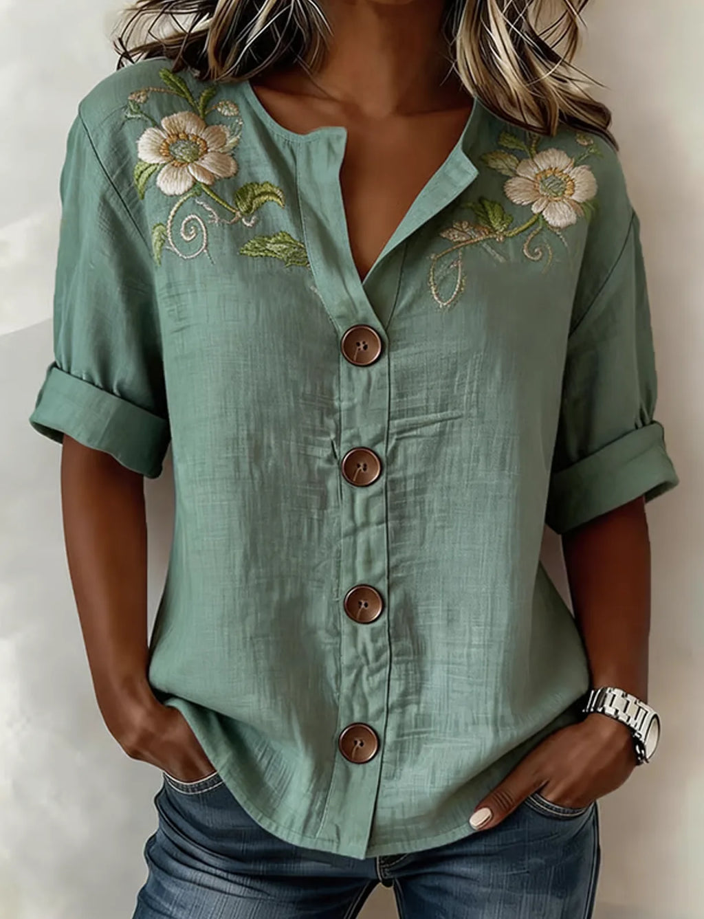 Casual Stand Collar Loose Floral Shirt