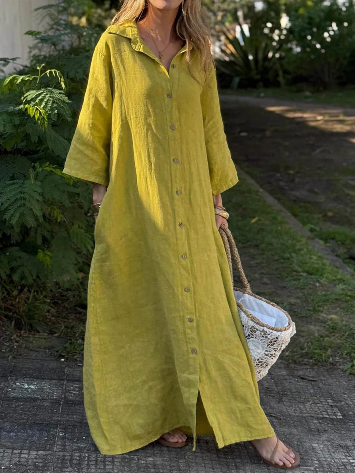 Casual Plain Shirt Collar Maxi Dress