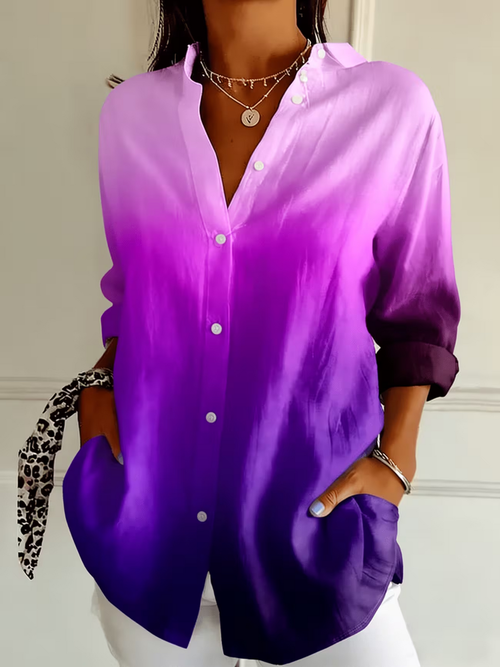 Women's Long Sleeve Shirt Spring/Fall Purple Ombre Buckle Shirt Collar Regular Sleeve Daily Going Out Casual Top