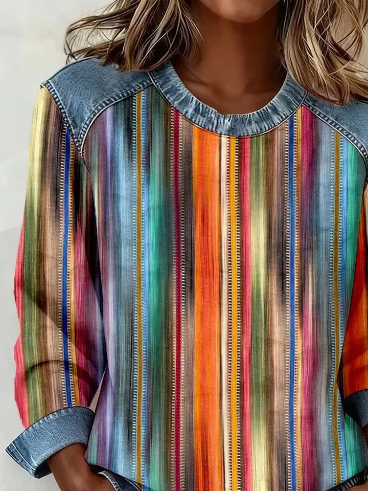 Women's Abstract Print Patchwork Denim Crewneck Long-Sleeved Sweatshirt