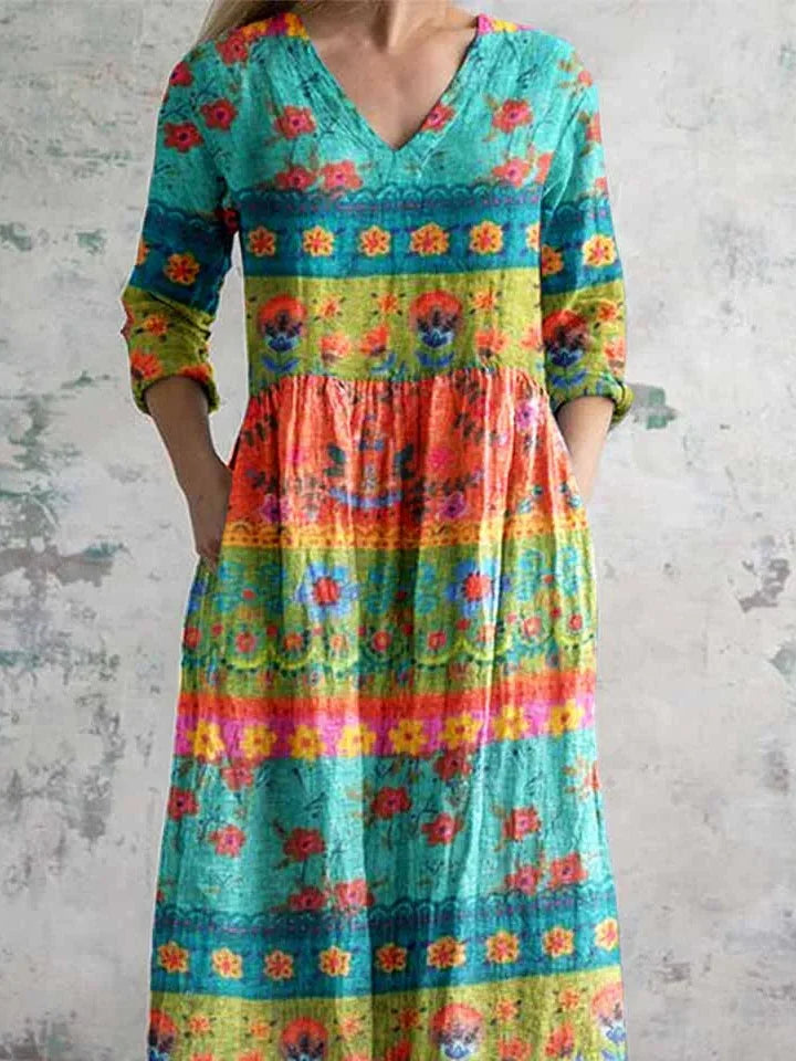 Women's Vintage Lovely Floral Art Print Pocket Cotton Dress