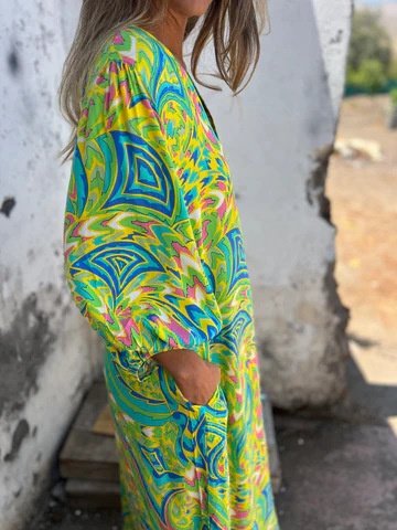 Women's Long Sleeve Spring/Fall Army Green Floral Split Joint V Neck Balloon Sleeve Daily Going Out Vintage Maxi A-Line T-Shirt Dress Dress