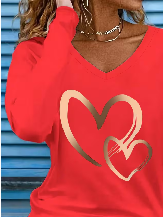 Women's Long Sleeve T-shirt Spring/Fall Red Heart/Cordate Printing Jersey V Neck Daily Going Out Casual Top