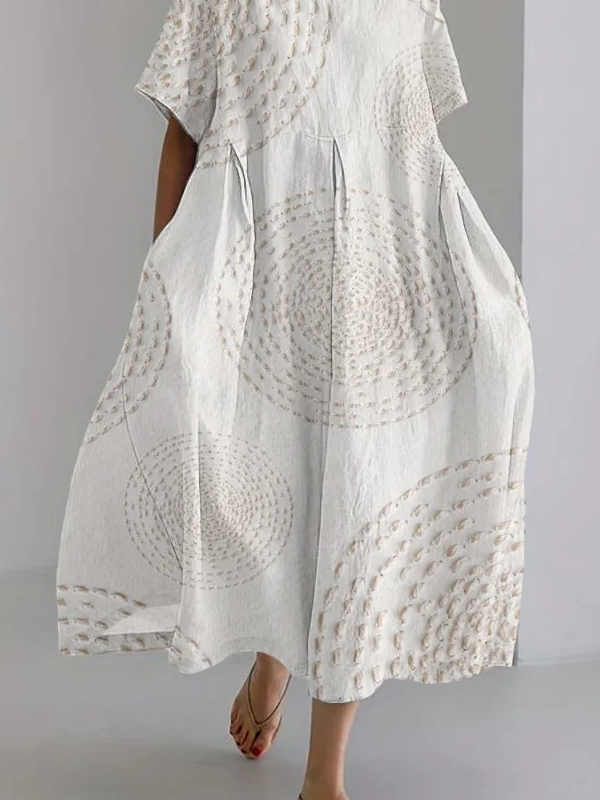 Sea Waves Ripples Japanese Embroidered Linen Blend Maxi Dress