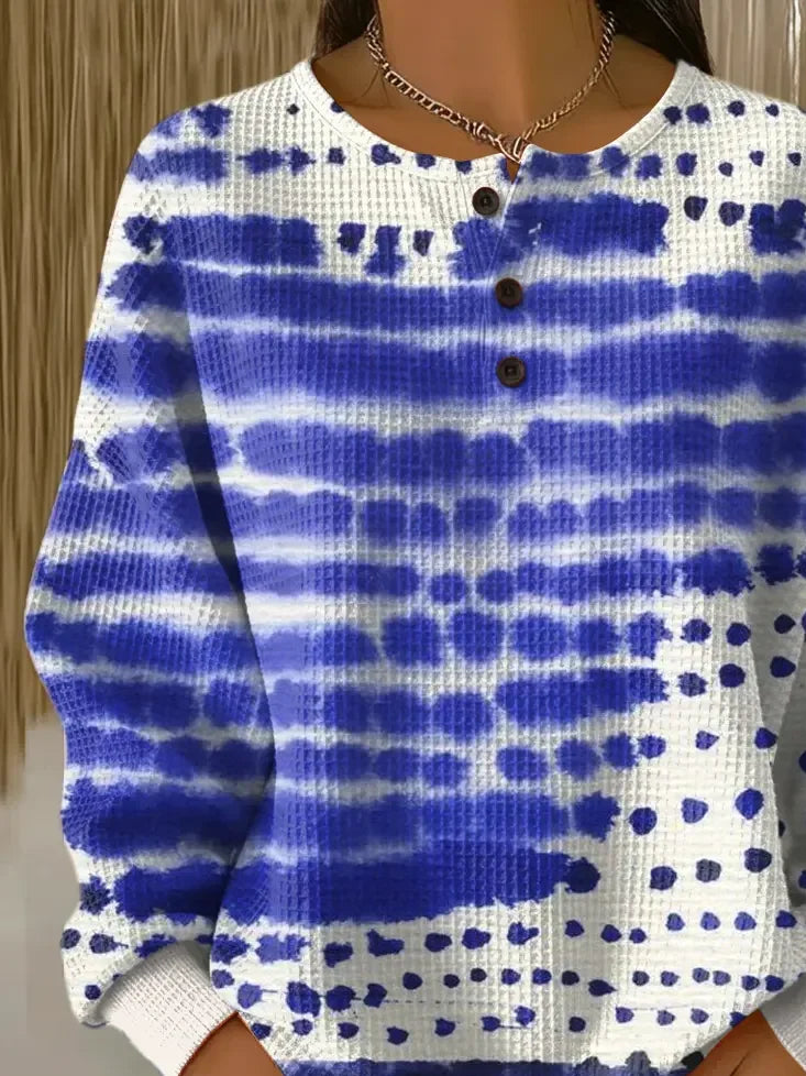 Women's Abstract Print Button-Up Casual Waffle Knit Sweatshirt
