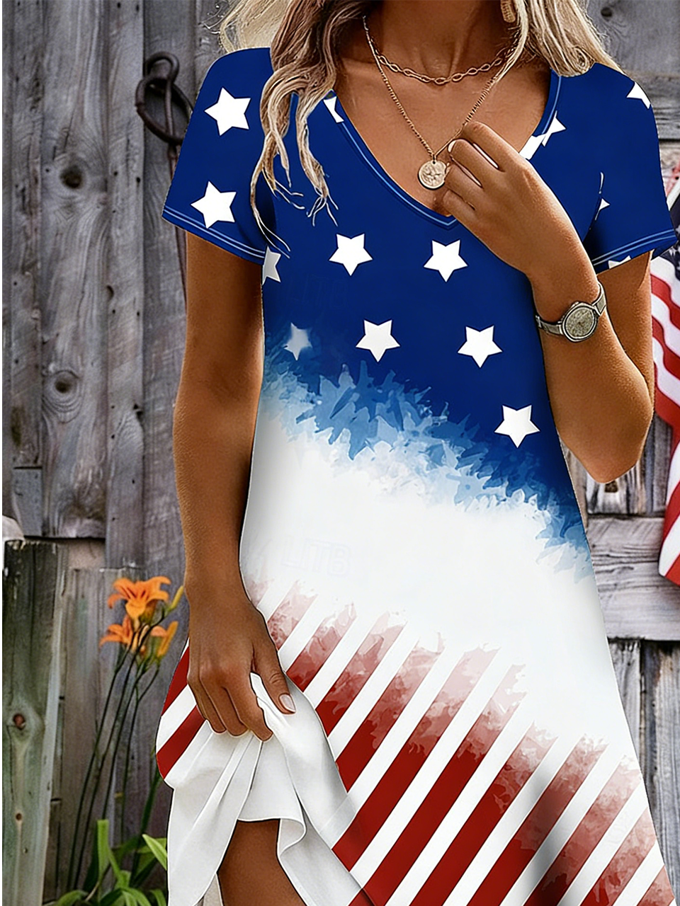 V Neck Vintage Gradient Pattern Dress With No