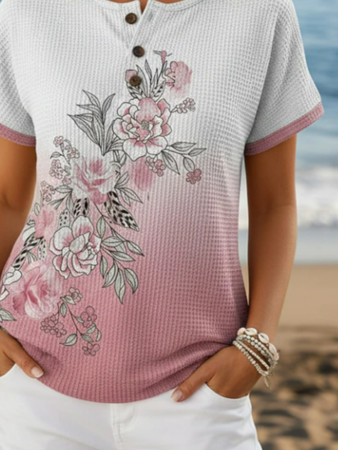 Women's Short Sleeve T-shirt Summer Pink Floral Printing Crew Neck Daily Going Out Vintage Top