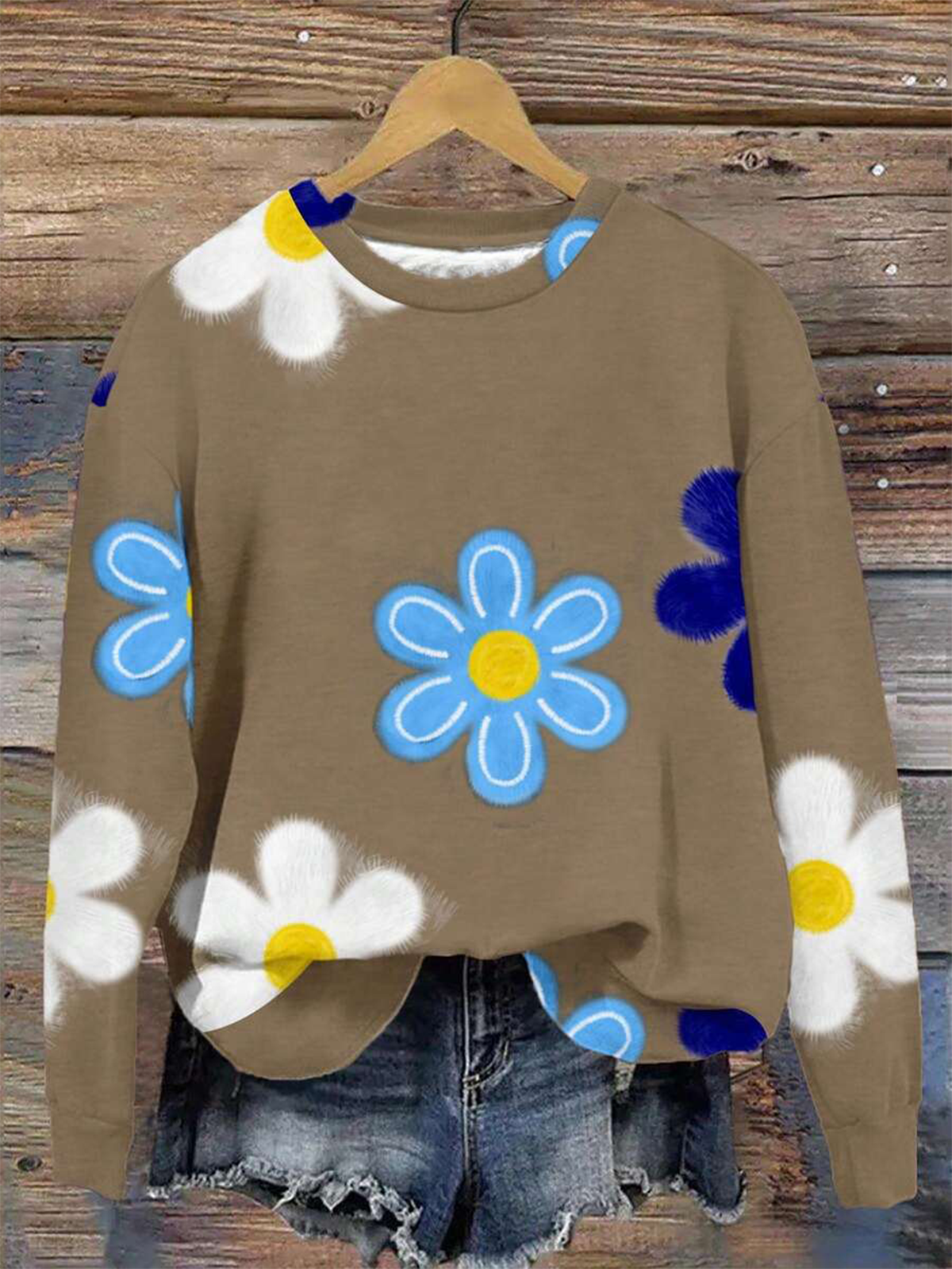 Floral Vintage Cotton-Blend Crew Neck Sweatshirt